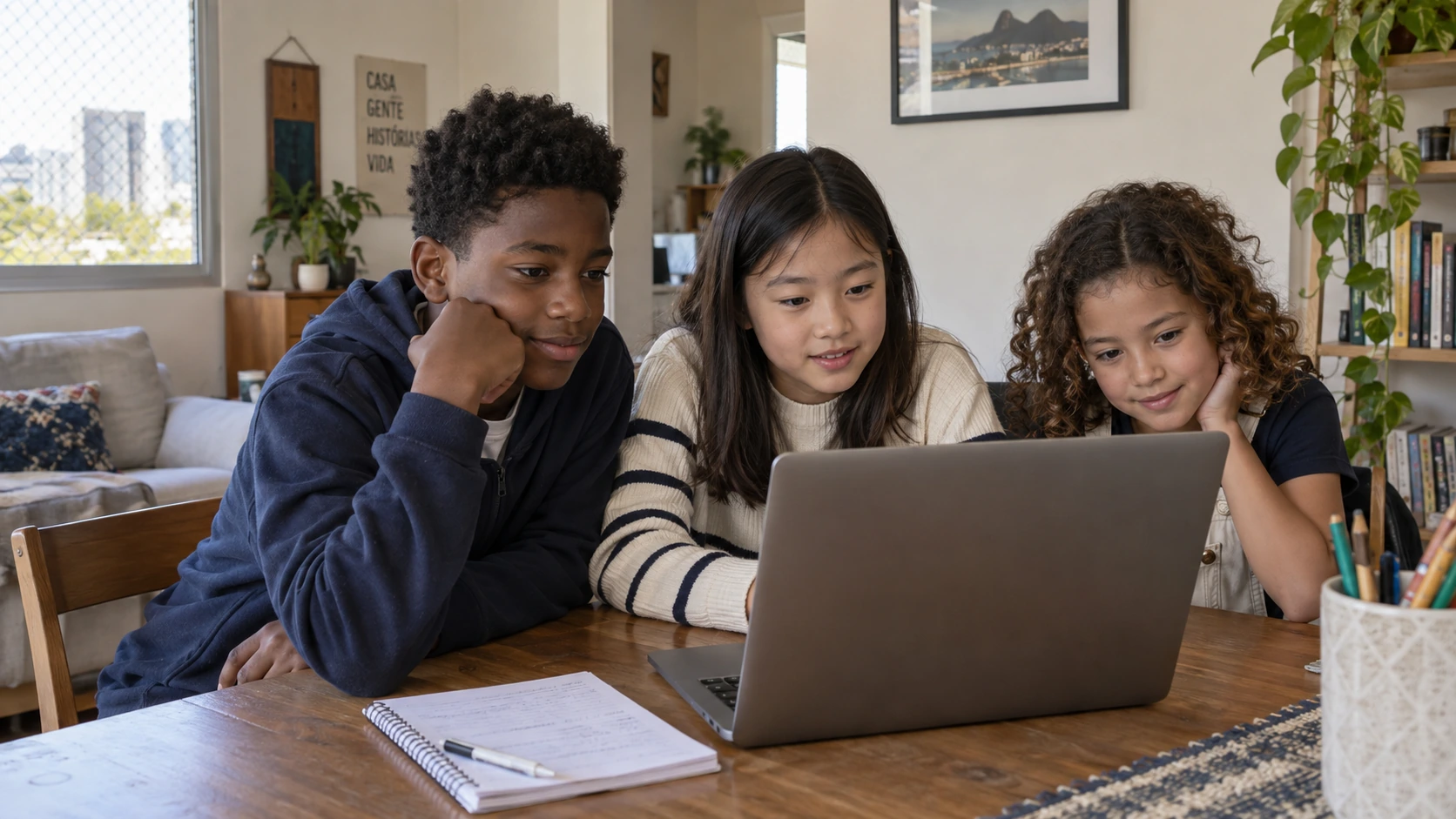 Adolescente negro e crianças de diferentes origens, incluindo uma menina asiática, acompanhando juntos uma aula no computador.