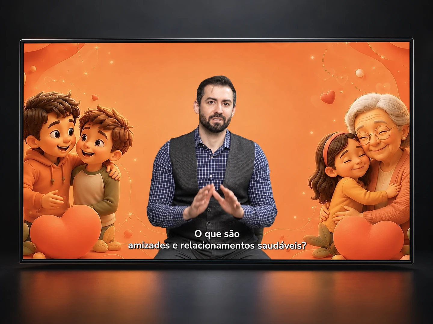 Aula da Leyla School sobre amizades e relacionamentos saudáveis, com professor e cenário ilustrado em tons de laranja